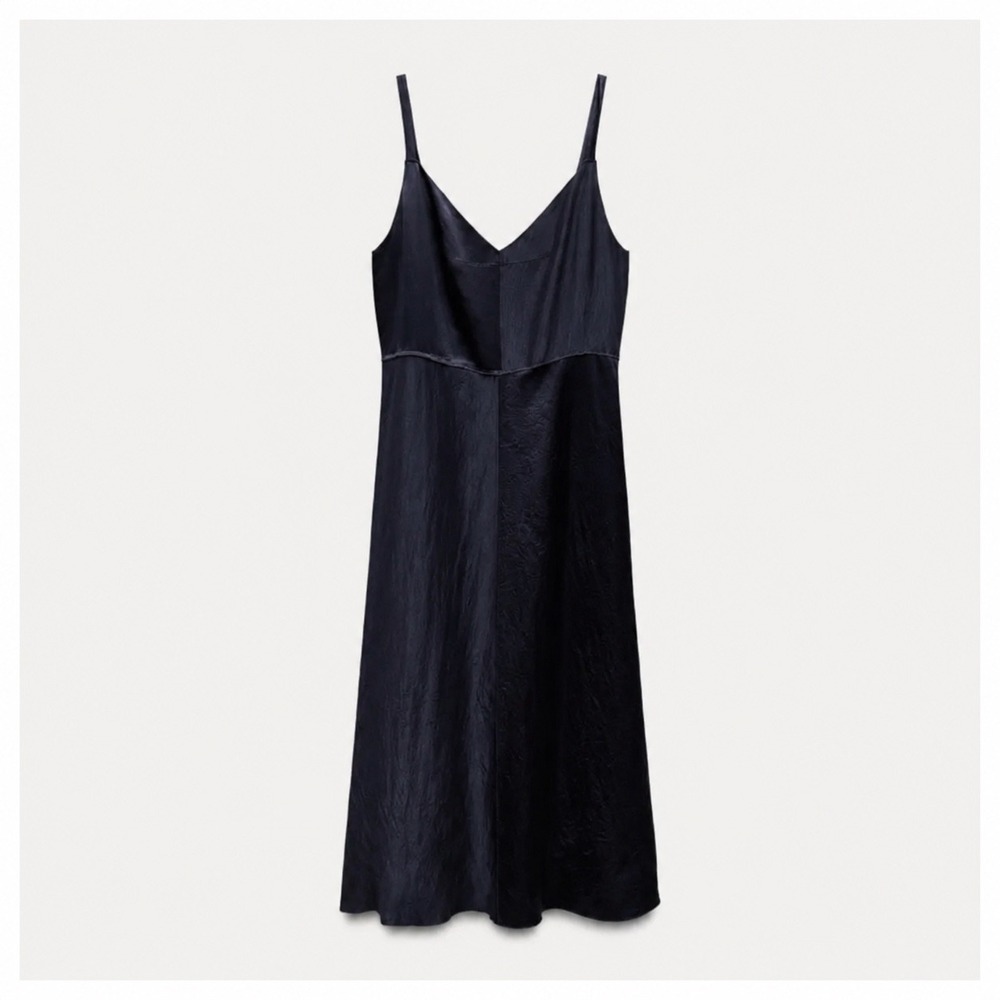 NWT Zara Satin Slip Dress Navy Blue Crinkle Sheen Minimalist Quiet Luxury Goth